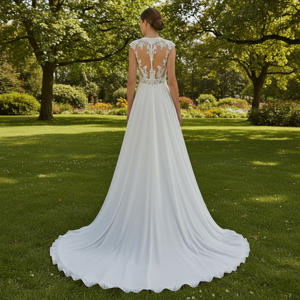 Princess Sheer Bodice A-line Chiffon Wedding Dress with High Neck - Rosymae