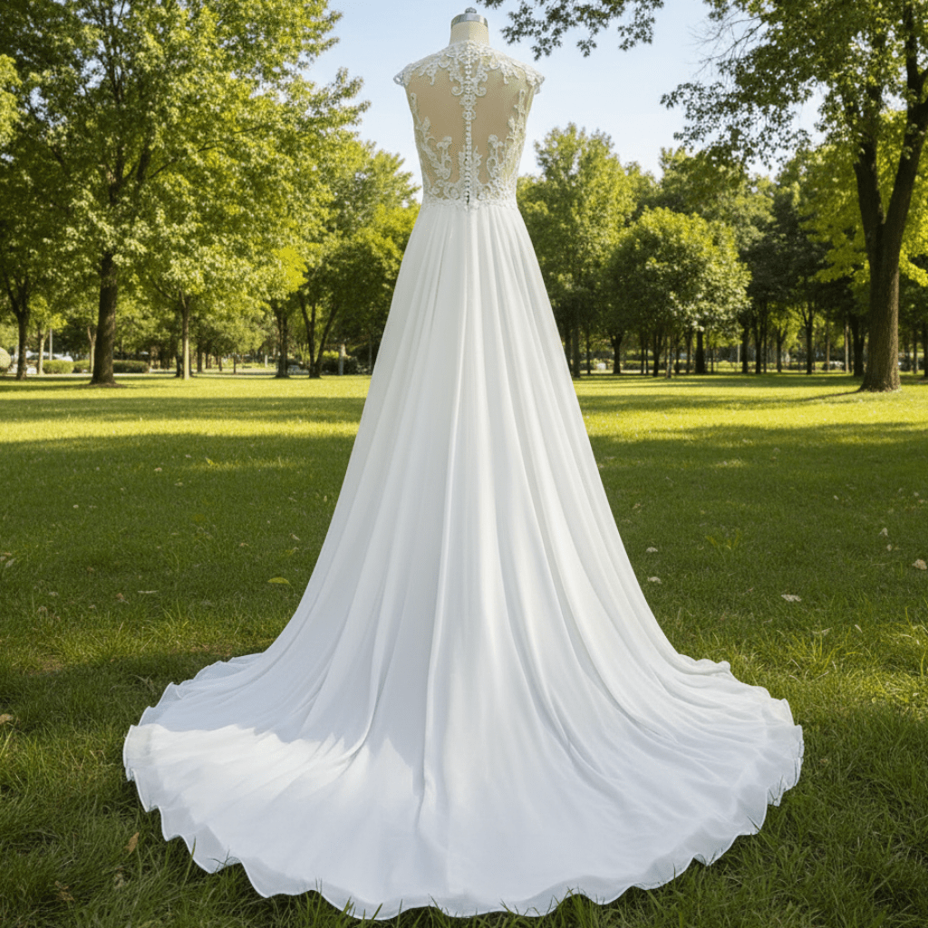 Princess Sheer Bodice A-line Chiffon Wedding Dress with High Neck - Rosymae