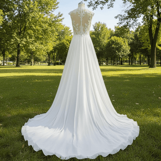Princess Sheer Bodice A-line Chiffon Wedding Dress with High Neck - Rosymae