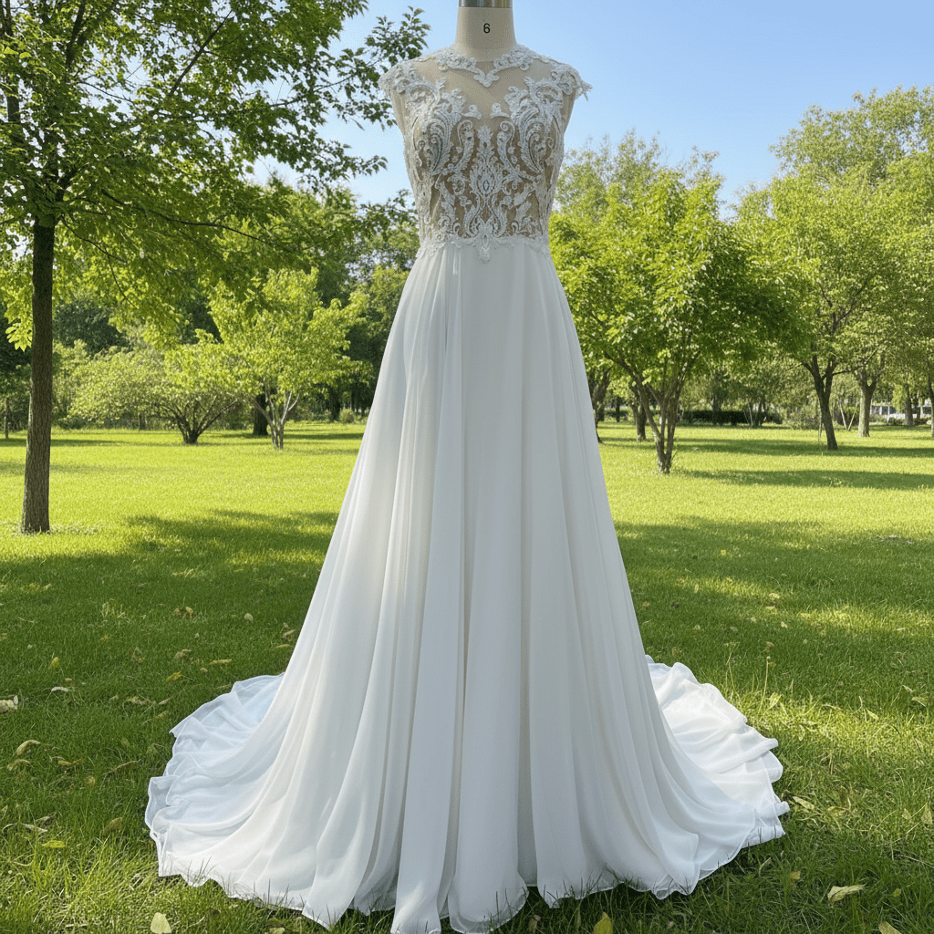 Princess Sheer Bodice A-line Chiffon Wedding Dress with High Neck - Rosymae