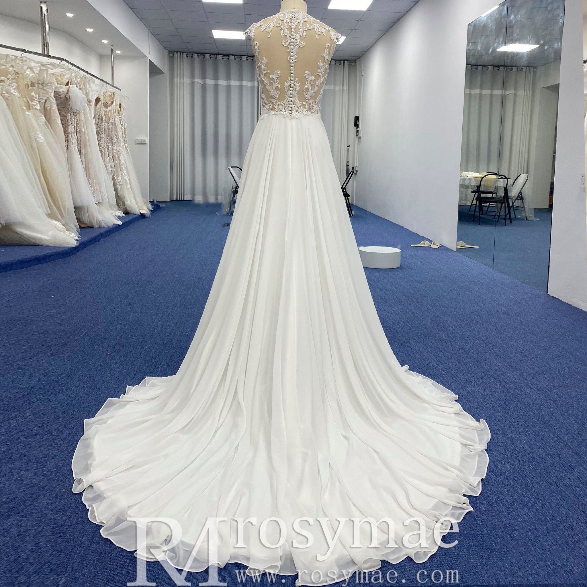 Princess Sheer Bodice A-line Chiffon Wedding Dress with High Neck - Rosymae