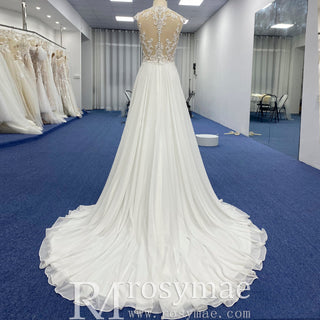 Princess Sheer Bodice A-line Chiffon Wedding Dress with High Neck - Rosymae