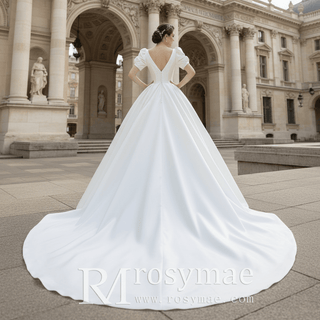 Princess Short Sleeve Ball Gown Satin Wedding Dress Bridal Gown - Rosymae