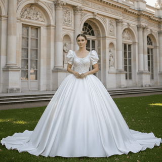 Princess Short Sleeve Ball Gown Satin Wedding Dress Bridal Gown - Rosymae