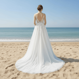 Princess Vneck A-line Tulle Lace Wedding Dress with Spaghetti Strap - Rosymae