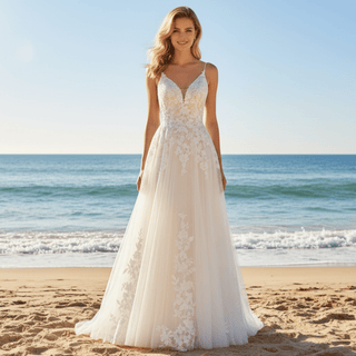 Princess Vneck A-line Tulle Lace Wedding Dress with Spaghetti Strap - Rosymae