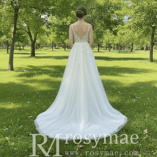 Princess Vneck A-line Tulle Lace Wedding Dress with Spaghetti Strap - Rosymae