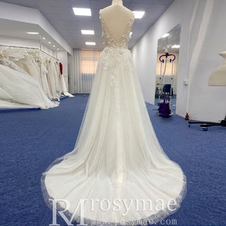 Princess Vneck A-line Tulle Lace Wedding Dress with Spaghetti Strap - Rosymae