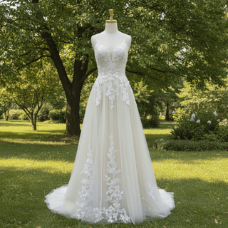 Princess Vneck A-line Tulle Lace Wedding Dress with Spaghetti Strap - Rosymae