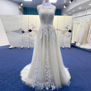 Princess Vneck A-line Tulle Lace Wedding Dress with Spaghetti Strap - Rosymae