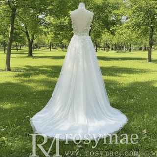 Princess Vneck A-line Tulle Lace Wedding Dress with Spaghetti Strap - Rosymae