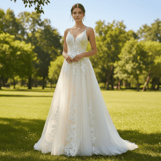 Princess Vneck A-line Tulle Lace Wedding Dress with Spaghetti Strap - Rosymae