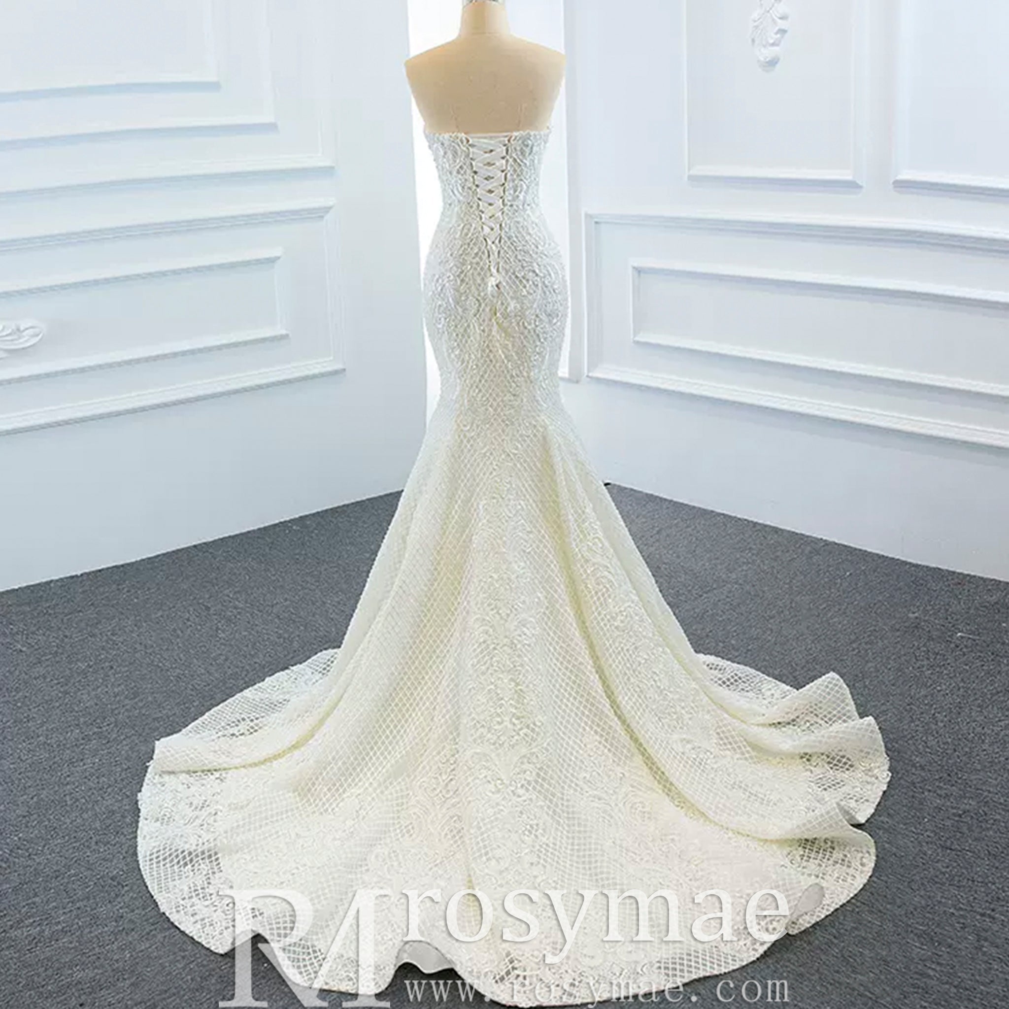 Princess Vneck Trumpet Lace Wedding Dress with Detachable Train - Rosymae