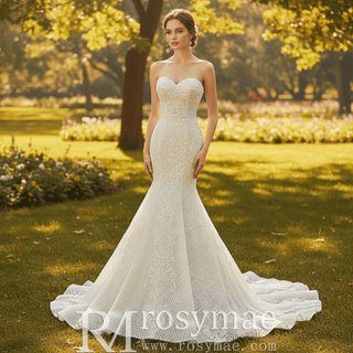 Princess Vneck Trumpet Lace Wedding Dress with Detachable Train - Rosymae