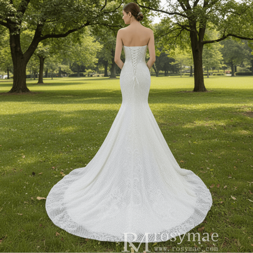 Princess Vneck Trumpet Lace Wedding Dress with Detachable Train - Rosymae
