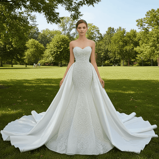 Princess Vneck Trumpet Lace Wedding Dress with Detachable Train - Rosymae