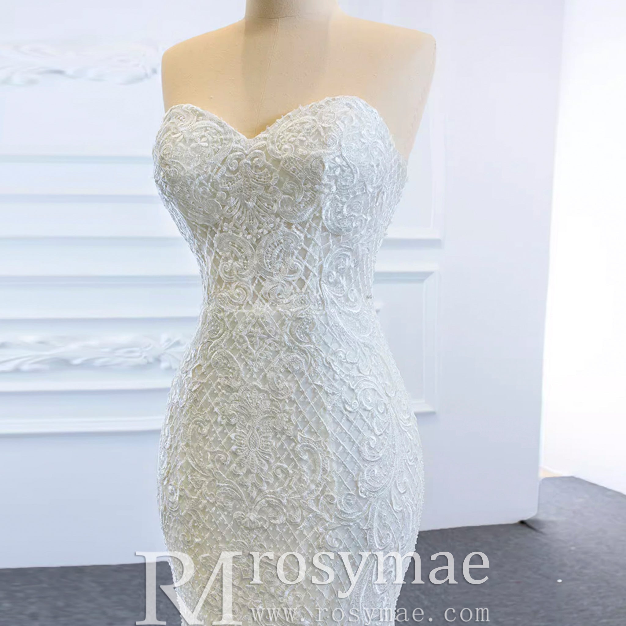Princess Vneck Trumpet Lace Wedding Dress with Detachable Train - Rosymae