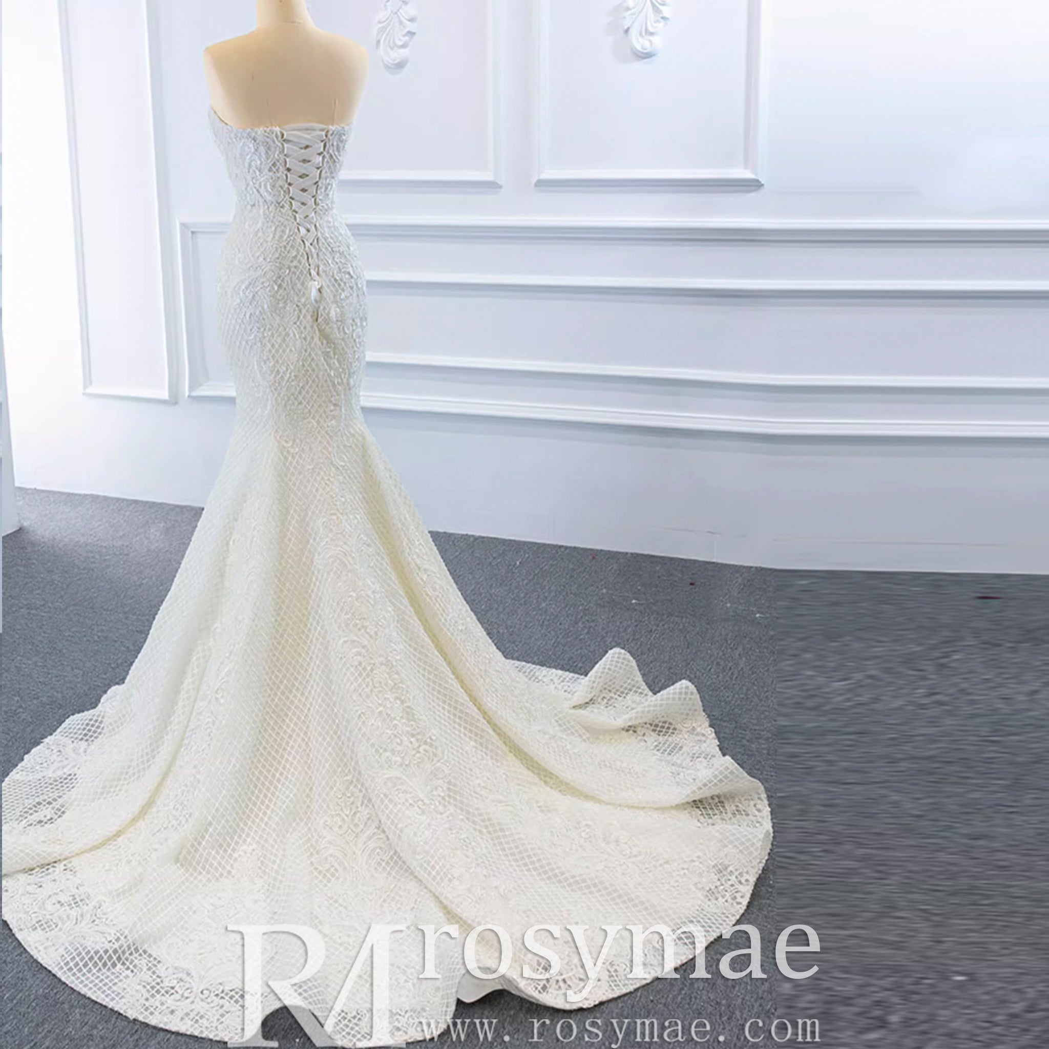 Princess Vneck Trumpet Lace Wedding Dress with Detachable Train - Rosymae