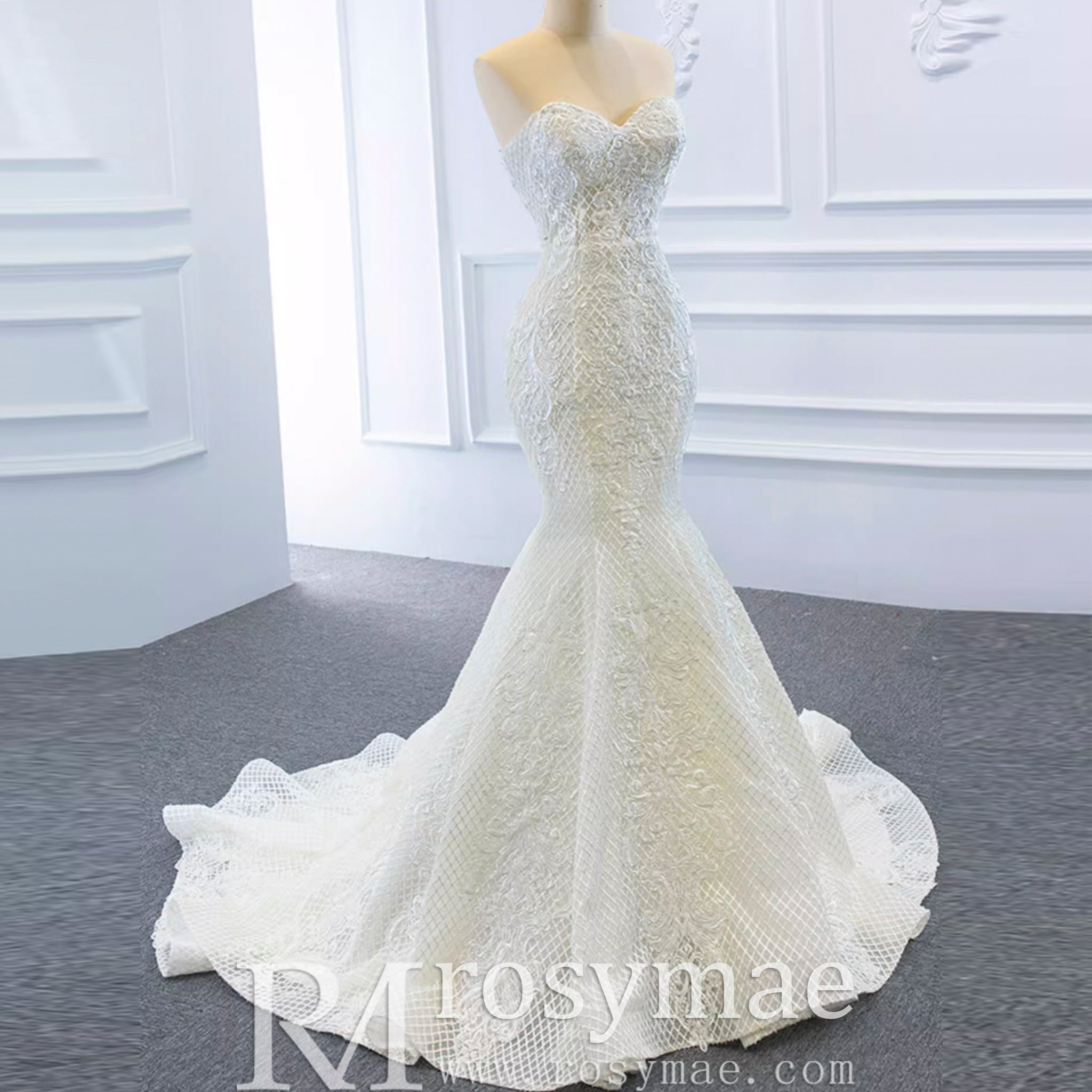 Princess Vneck Trumpet Lace Wedding Dress with Detachable Train - Rosymae
