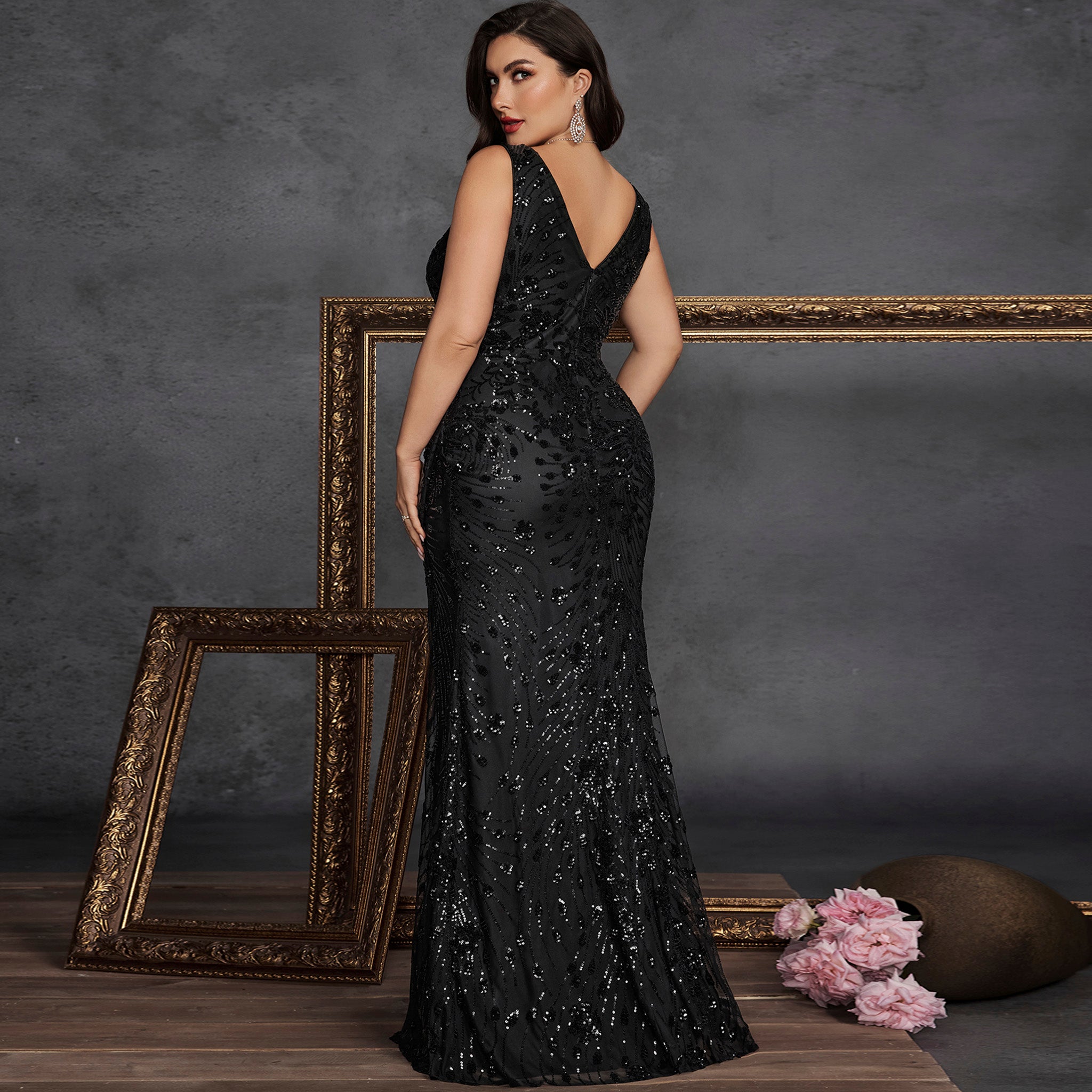 Elegant Glamorous Mermaid Plus Size Black Prom Dress with Leg Slit Black / 4XL Elegant Glamorous Mermaid Plus Size Black Prom Dress with Leg Slit Black / 4XL