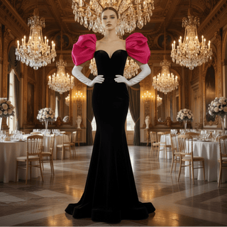Puff Cap Sleeve Pink and Black Bridesmaid Dress Evening Party Gown - Rosymae