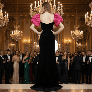 Puff Cap Sleeve Pink and Black Bridesmaid Dress Evening Party Gown - Rosymae