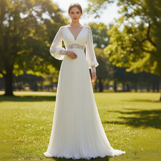 Elegant Double V-Neck Chiffon Wedding Dresses Lanter Long Sleeve