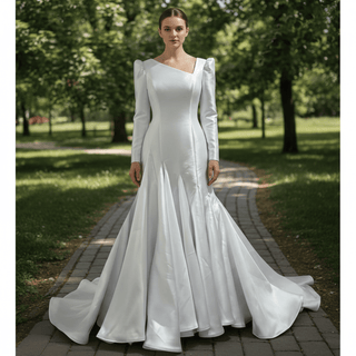 Puff Long Sleeve Asymmetrical Satin Mermaid Wedding Dress with Covered Button Back