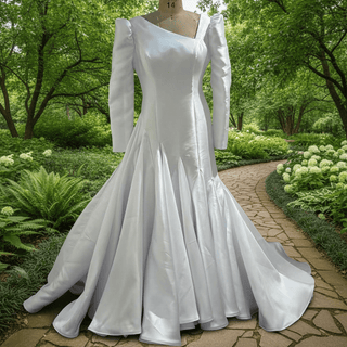 Puff Long Sleeve Asymmetrical Satin Mermaid Wedding Dress with Covered Button Back