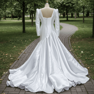 Puff Long Sleeve Asymmetrical Satin Mermaid Wedding Dress with Covered Button Back