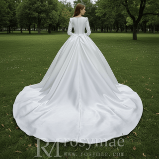 Puff Long Sleeve Bateau Neck Satin Ball Gown Wedding Dress with Covered Button Back