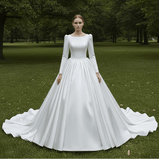 Puff Long Sleeve Bateau Neck Satin Ball Gown Wedding Dress with Covered Button Back