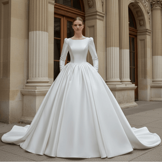 Puff Long Sleeve Bateau Neck Satin Ball Gown Wedding Dress with Covered Button Back