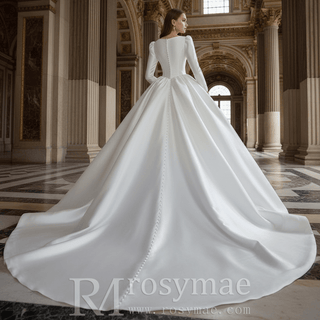 Puff Long Sleeve Bateau Neck Satin Ball Gown Wedding Dress with Covered Button Back