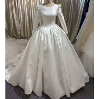 Puff Long Sleeve Bateau Neck Satin Ball Gown Wedding Dress with Covered Button Back