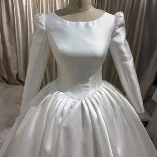 Puff Long Sleeve Bateau Neck Satin Ball Gown Wedding Dress with Covered Button Back