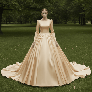 Puff Long Sleeve Bateau Neck Satin Ball Gown Wedding Dress with Covered Button Back - Ball Gown - Rosymae