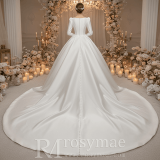 Puff Long Sleeve Bateau Neck Satin Ball Gown Wedding Dress with Covered Button Back