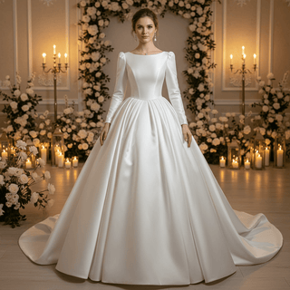 Puff Long Sleeve Bateau Neck Satin Ball Gown Wedding Dress with Covered Button Back
