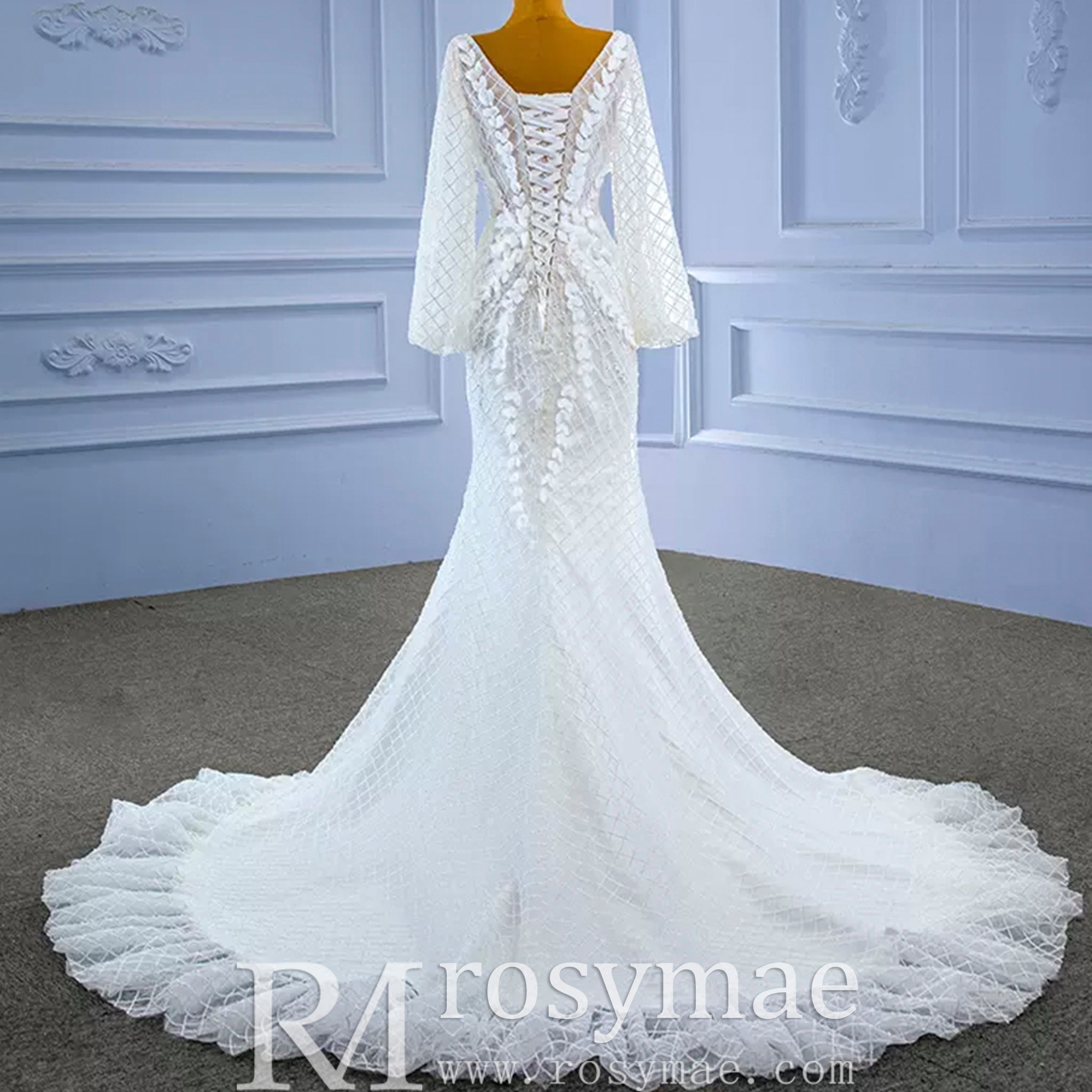 Puff Long Sleeve Mermaid Wedding Dress Modern Bridal Gown - Rosymae