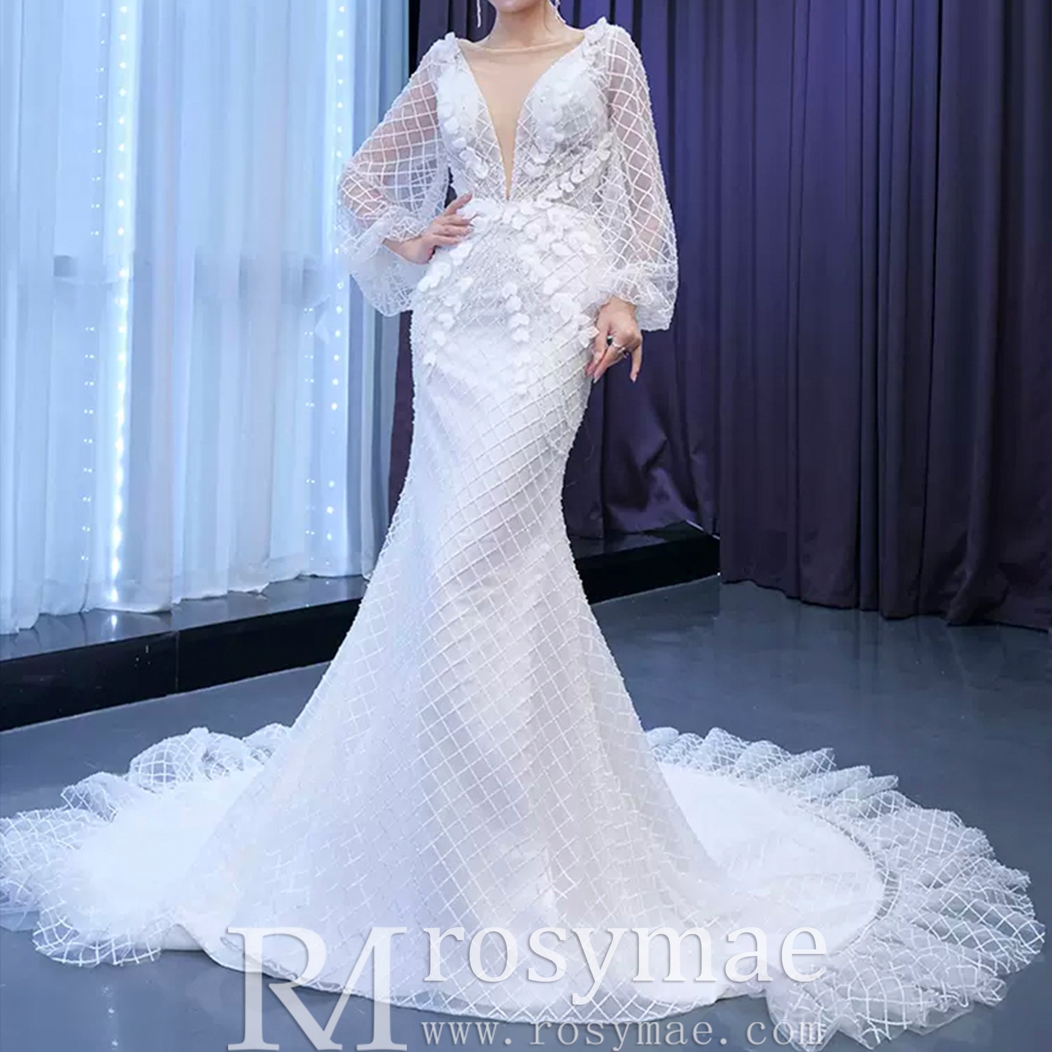 Puff Long Sleeve Mermaid Wedding Dress Modern Bridal Gown - Rosymae