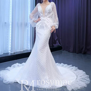 Puff Long Sleeve Mermaid Wedding Dress Modern Bridal Gown - Rosymae