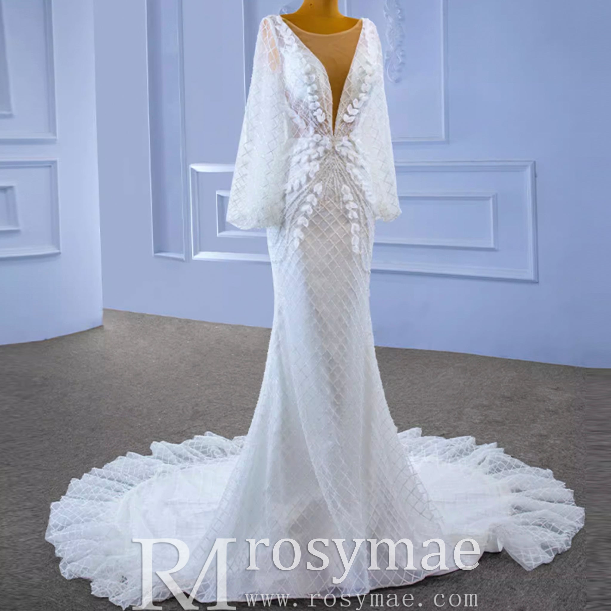 Puff Long Sleeve Mermaid Wedding Dress Modern Bridal Gown - Rosymae