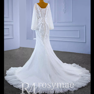Puff Long Sleeve Mermaid Wedding Dress Modern Bridal Gown - Rosymae