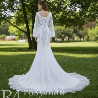 Puff Long Sleeve Mermaid Wedding Dress Modern Bridal Gown - Rosymae