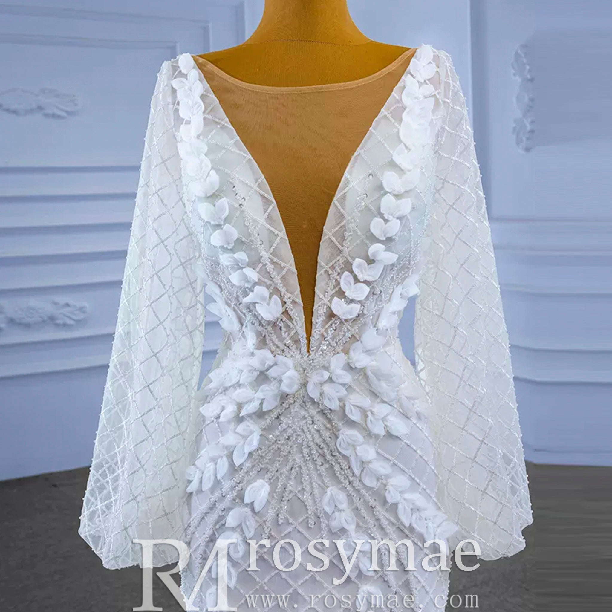 Puff Long Sleeve Mermaid Wedding Dress Modern Bridal Gown - Rosymae