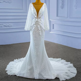 Puff Long Sleeve Mermaid Wedding Dress Modern Bridal Gown - Rosymae