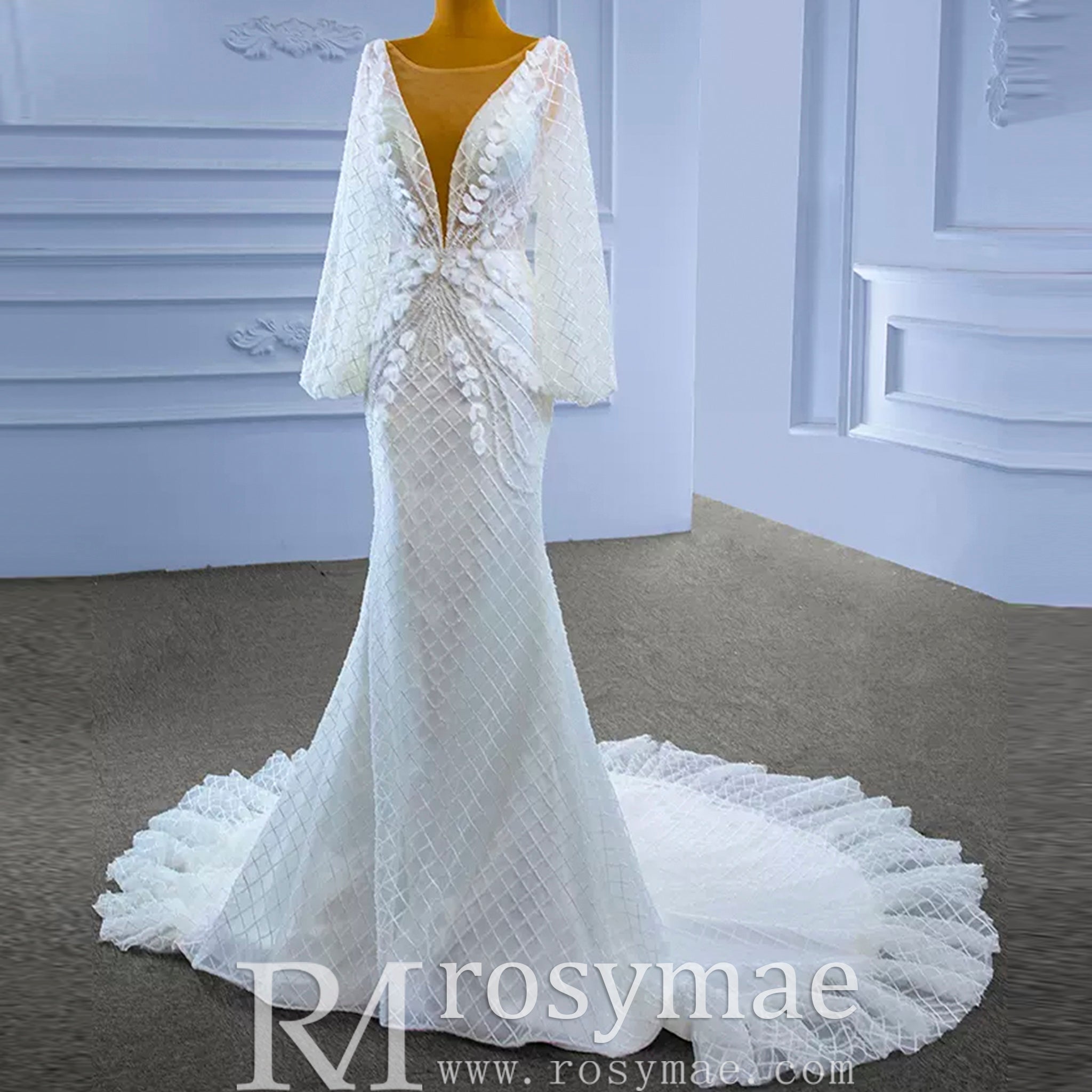 Puff Long Sleeve Mermaid Wedding Dress Modern Bridal Gown - Rosymae