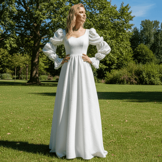 Puff Long Sleeve Wedding Dresses & Gowns with Queen-ann Neck - Rosymae