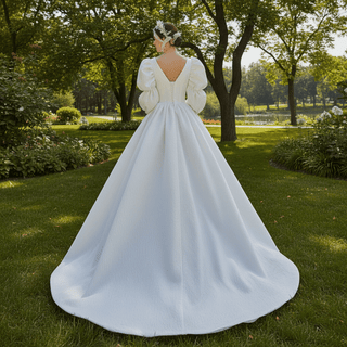 Puff Long Sleeve Wedding Dresses & Gowns with Queen-ann Neck - Rosymae